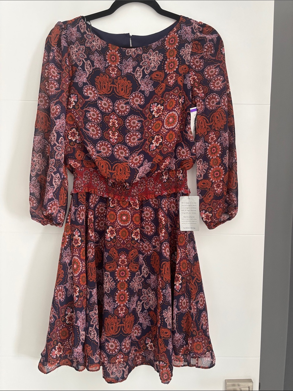 Vince Camuto Navy Floral Long-Sleeve A-Line Dress with Rust & Mauve Accents